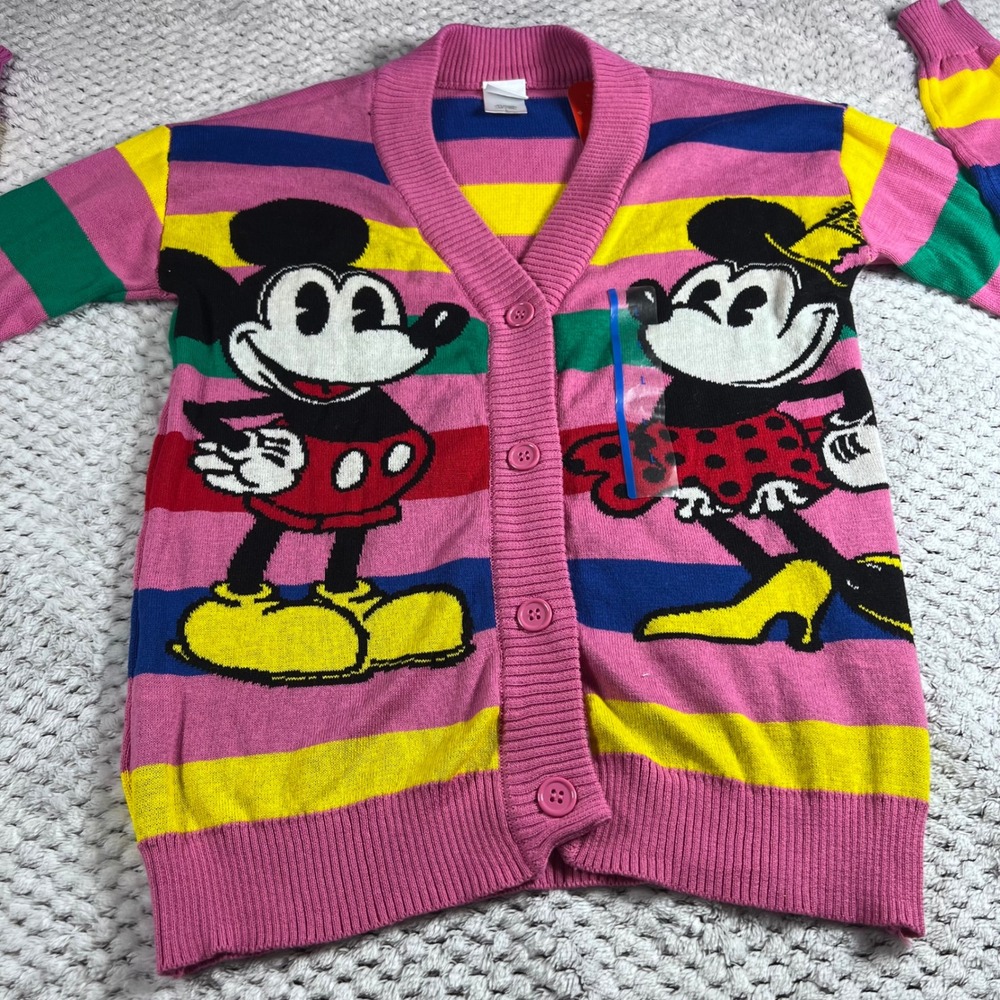 Disney Mickey Minnie Mouse Cardigan Sweater Pink Rainbow Stripe Size LARGE NWT - Picture 4 of 13